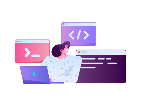 Programming teaching development flat character vector concept operation hand drawn illustration
