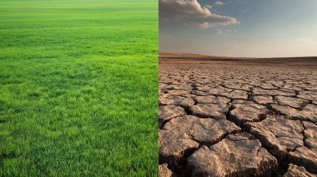 Dramatic landscapes showcasing vibrant green fields alongside dry cracked soil highlighting the impact of climate change
