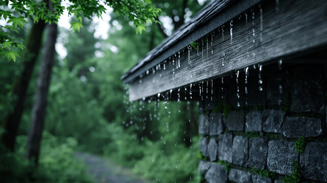 Gentle rainwater cascading from a roof edge enveloped by vibrant greenery in a peaceful natural environment