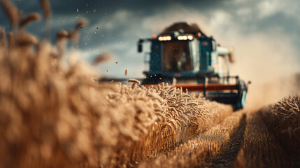 Fototapeta premium Modern tractor in wheat field during harvest under cloudy sky with dust clouds
