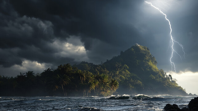Intense lightning illuminates a tropical island surrounded by turbulent skies and choppy ocean waves