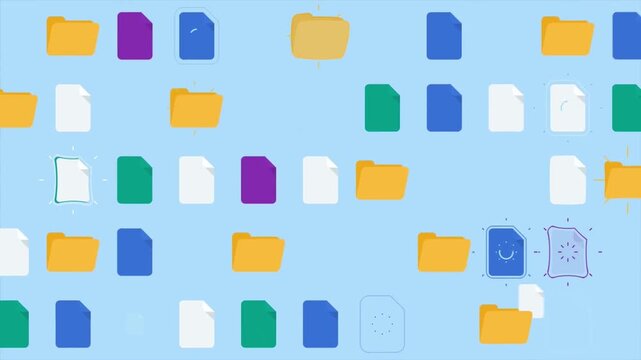 2D Animated Background Pattern of Scattered Digital Archive File Folders on Blue Background, Office Data Records Management Video