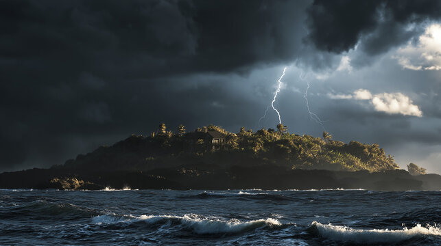 Intense storm clouds gather over a remote island as lightning strikes and ocean waves crash dramatically against the shore