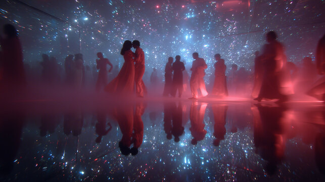 Enchanting dance celebration illuminated by vibrant lights and reflections crafting a surreal ambiance
