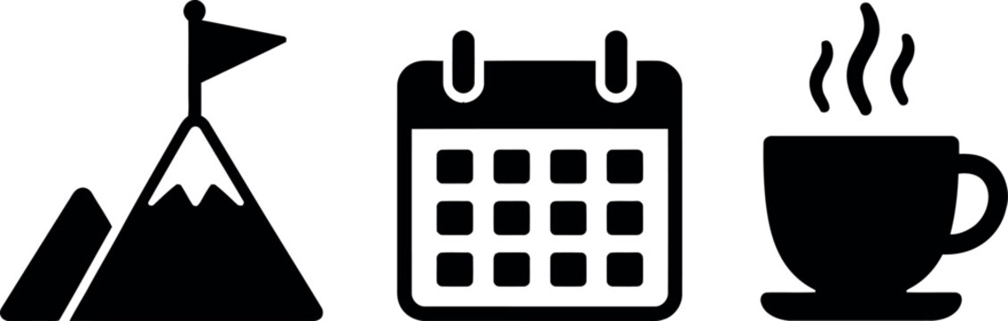 icon vacation planning solid, Goal achievement icons set featuring mountain summit flag calendar and hot beverage