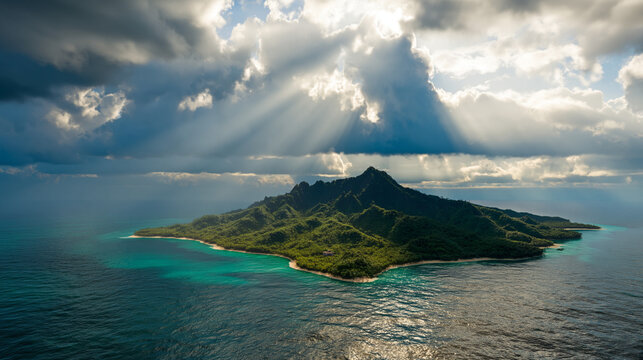 Aerial view of a serene tropical island surrounded by vibrant blue waters and dramatic cloud formations