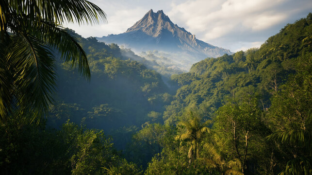 Breathtaking mountain summit enveloped by vibrant green woods in a tranquil natural setting