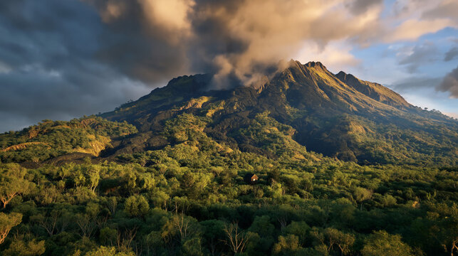 Breathtaking mountain scenery during sunset featuring vibrant greenery and stunning cloud formations