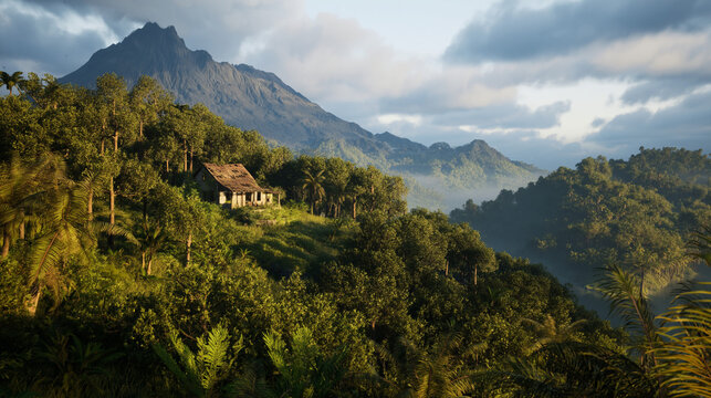 Tranquil mountain scenery featuring a charming cottage embraced by vibrant foliage and towering peaks