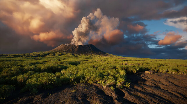 Stunning volcanic eruption framed by vibrant greenery and striking clouds during a breathtaking sunset