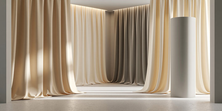 Sophisticated interior featuring graceful fabric drapes and a clean minimalist aesthetic