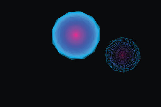 Concentric blue and pink polygons, solid gradient circle and wireframe geometric shape on black