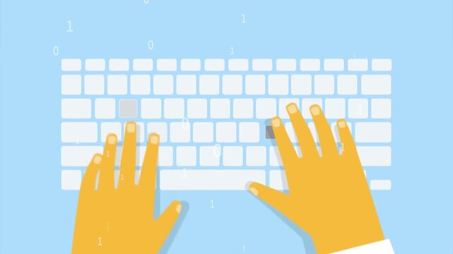 2D Animated Top View Overhead Shot of Cartoon Hands Typing on White Computer Keyboard, Office Worker Programmer and Blogger Tech Concept