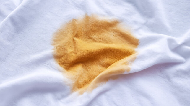 Close up view of a yellowish brown stain on soft white fabric showcasing its texture and color variation