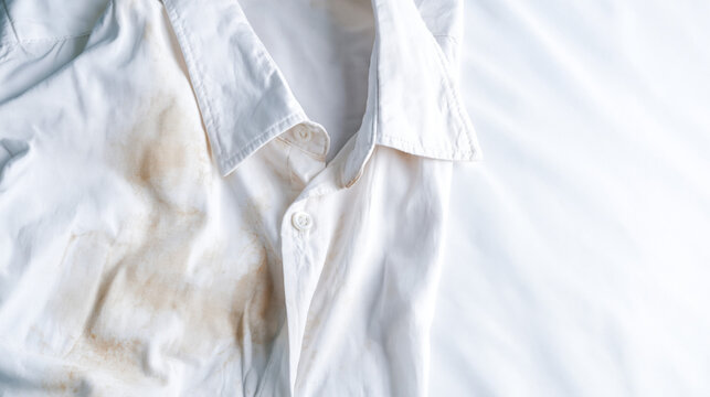 Detailed view of a white shirt fabric highlighting the differences between stained and clean textures and colors