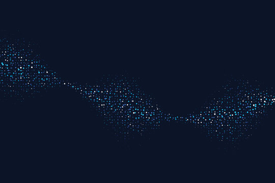 Blue and white dotted wave pattern, flowing particle stream on a dark navy background, for data flow