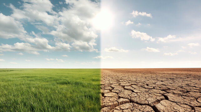 Stunning landscapes showcasing vibrant green fields shifting to dry cracked soil beneath a clear blue sky