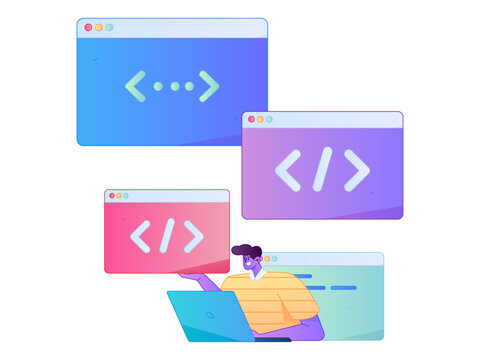 Programming teaching development flat character vector concept operation hand drawn illustration
