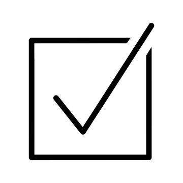 Thin line check mark icon in square outline.
