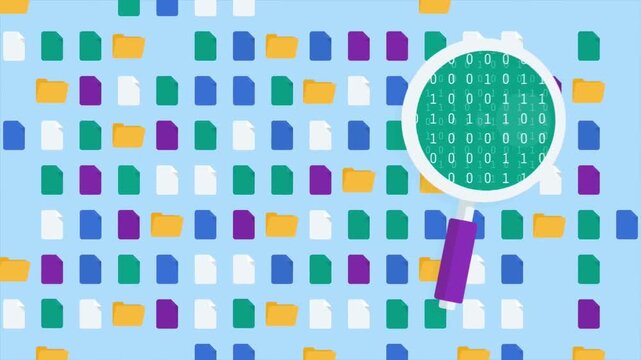 2D Animated Magnifying Glass Searching and Zooming into a Large Grid Pattern of Digital File Documents, Audit and Data Recovery Concept