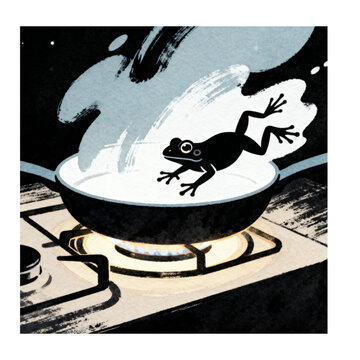 Frog Escaping the Heat: A stylized illustration depicting a small frog jumping out of a hot frying pan on a gas stove, symbolizing danger, awareness, and the instinct for self-preservation