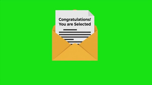 Congratulations You Are Selected Letter Popping Out of Envelope Animation &ndash; Green Screen, Black, and White Background