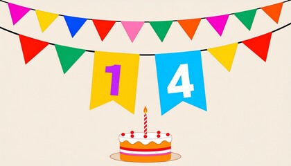 Obraz premium Festive Flag Garland and Cake with Number 14 for Birthday and Anniversary Party