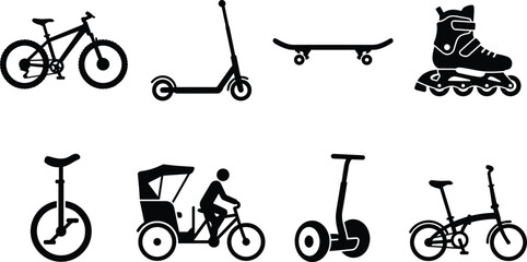 Eco friendly micro mobility icon set featuring bicycle kick scooter skateboard inline skates and rickshaw silhouettes © MdRasel