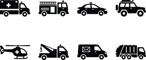Emergency and municipal utility vehicle black silhouette icon set with ambulance fire truck police and garbage truck © MdRasel
