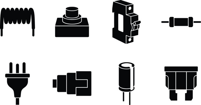 Electronic components and electrical engineering hardware black silhouette icon set including circuit breaker resistor and plug