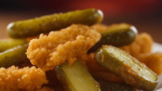 Macro close-up of golden fried nuggets with sliced pickles
