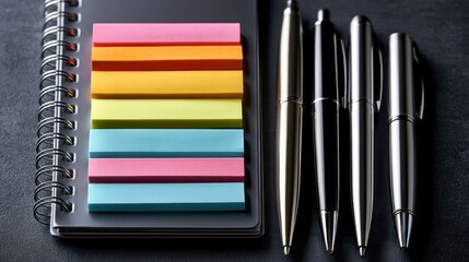 Fototapeta premium Close up of spiral notebook with colorful adhesive notes and pens on dark surface