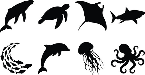 Marine life and sea creatures black silhouette icon set featuring whale sea turtle manta ray shark dolphin and octopus © MdRasel