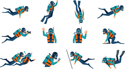 Scuba Diver Character Vector Set Featuring Flat Style Illustrations of Divers Swimming Photographing and Exploring Underwater for Marine Adventure Graphics © Mdsumon