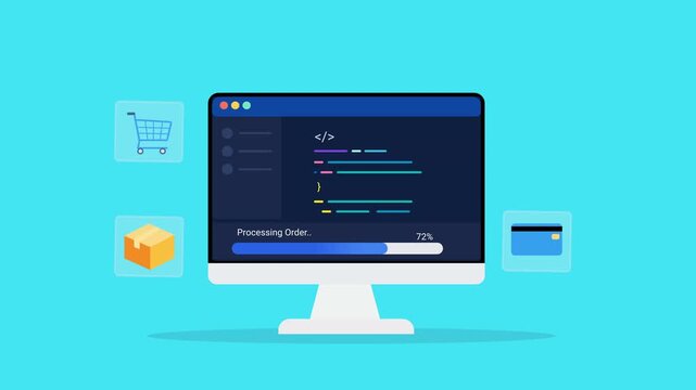 Animated flat vector illustration of a desktop monitor displaying software code with shopping cart, package, and online payment icons. Modern AI ecommerce automation and digital commerce technology co