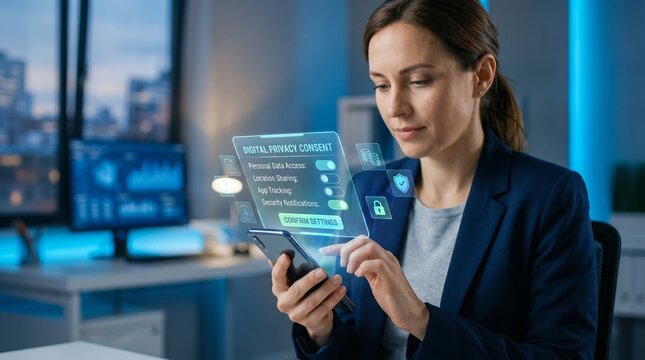 Professional woman managing digital privacy consent settings on a smartphone with a futuristic holographic interface display