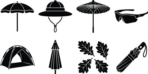 Sun protection and outdoor shelter black silhouette icon set featuring beach umbrella safari hat camping tent and sunglasses © MdRasel