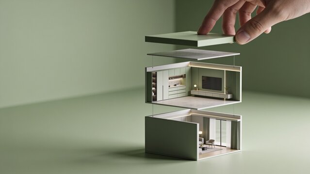 Human Hand Assembling a Minimalist Modular Miniature Home Architecture Model