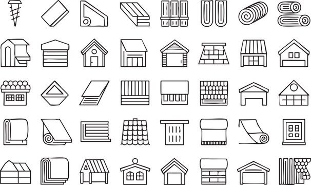 Roofing construction line icon collection for building contractors and home repair websites
