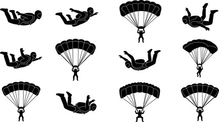 Skydiver and Parachutist Silhouette Vector Action Set Featuring Extreme Sport Athletes Freefalling and Parachuting for Adventure and Aviation Graphics © Mdsumon