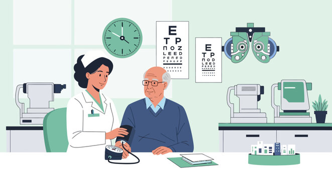 Optometrist examining elderly patient in clinic with eye charts.