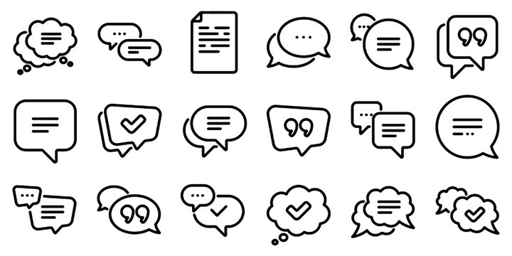 Chat and Approval Line Icons Set with Checkmark Box Speech Bubble Comment Quote Social Media Message and Communication Vector Illustration