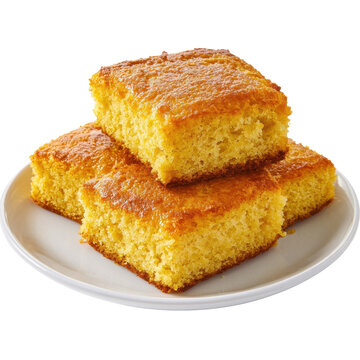 Golden cornbread squares stacked on a plate isolated on white background