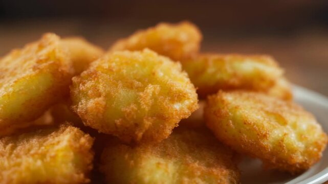 Crispy golden fried hash brown potato rounds macro