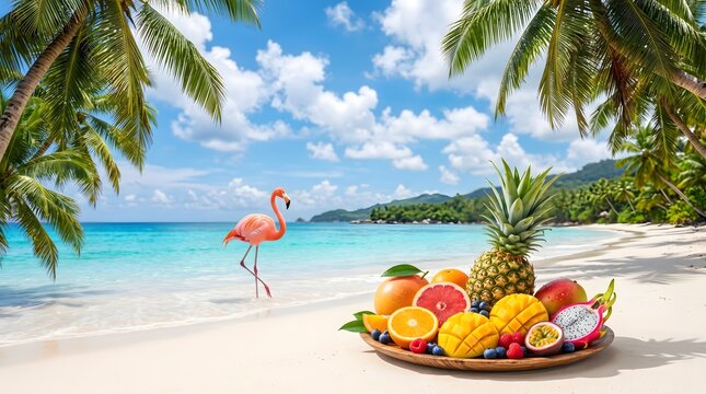 Tropical Fruit Platter on White Sandy Beach with Pink Flamingo and Palm Trees Turquoise Ocean Summer Paradise