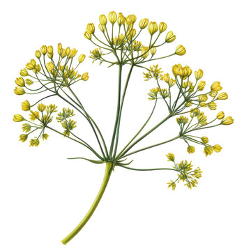 Detailed botanical illustration of dill plant with yellow blossoms isolated on white background