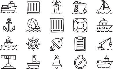 Fototapeta premium Ocean freight outline symbols with cargo ship container crane and port concepts