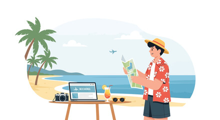 Fototapeta premium Man with map on tropical beach, booking vacation online, laptop, camera, cocktail