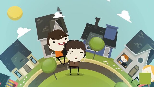 2D Animated Isometric Circular Earth Neighborhood Globe Featuring Houses Streets Cars Trees and Tiny Cartoon Citizens, Eco Town Landscape