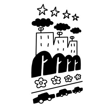 Urban landscape sketch with stars, buildings, cars